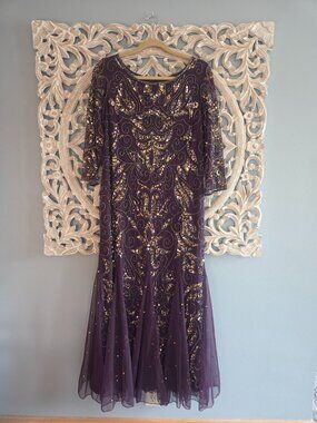 PISSARO NIGHTS BEADED EVENING GOWN DRESS IN PLUM SIZE 16P